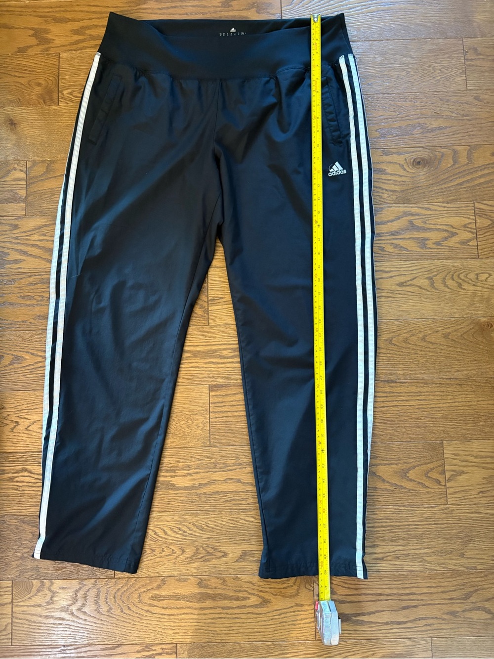 Women’s Adidas Black Track Pants with Side Stripes and Zippers at Ankles XL